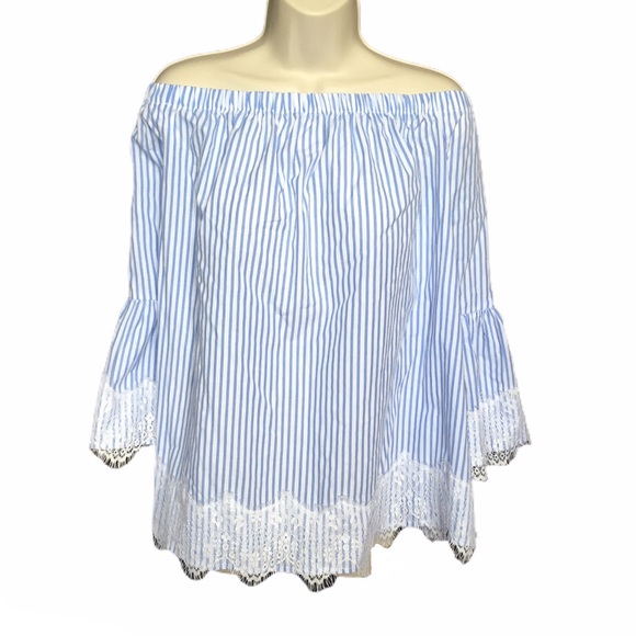 No Comment Plus Off the Shoulder Striped Lace Top - Picture 1 of 7